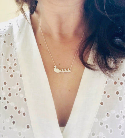 Duck Mom and 3 Babies Silhouette Necklace