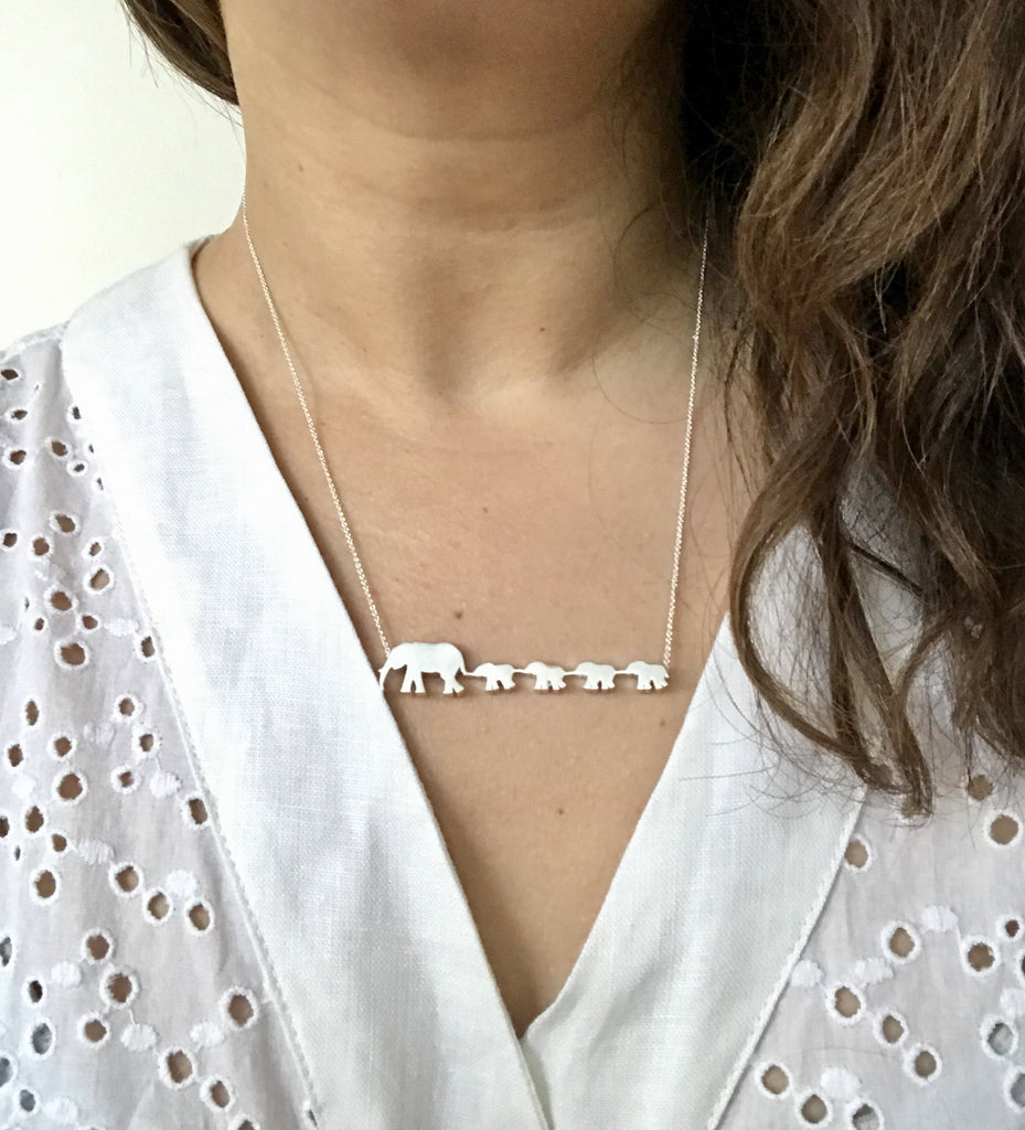 Elephant Mom and 4 Babies Silhouette Necklace