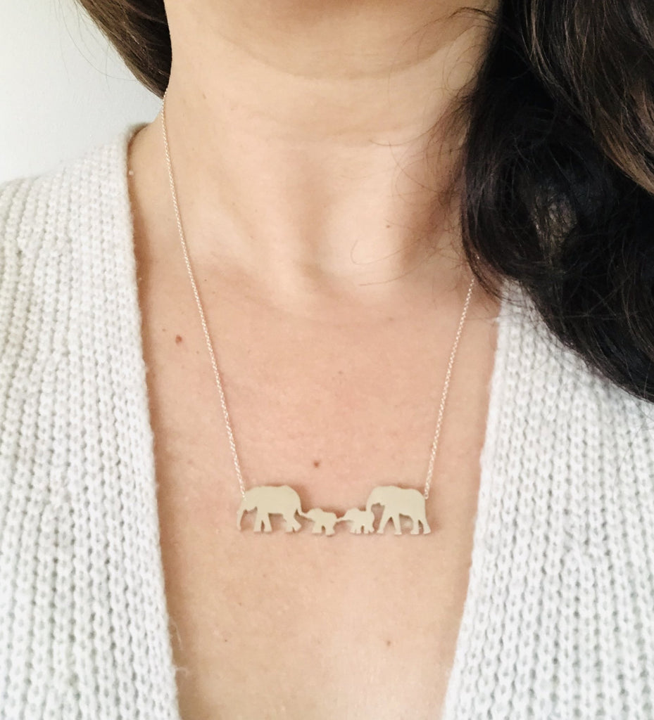 Elephant Parents and 2 Babies Silhouette Necklace