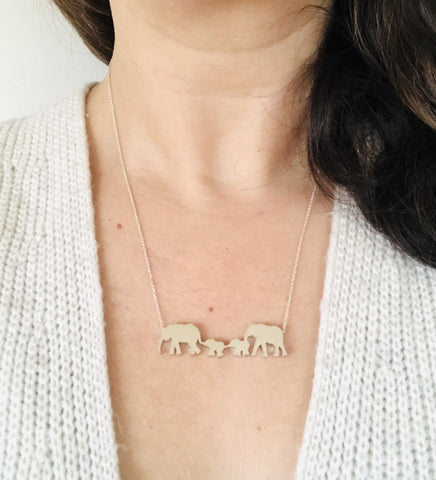 Elephant Parents and 2 Babies Silhouette Necklace