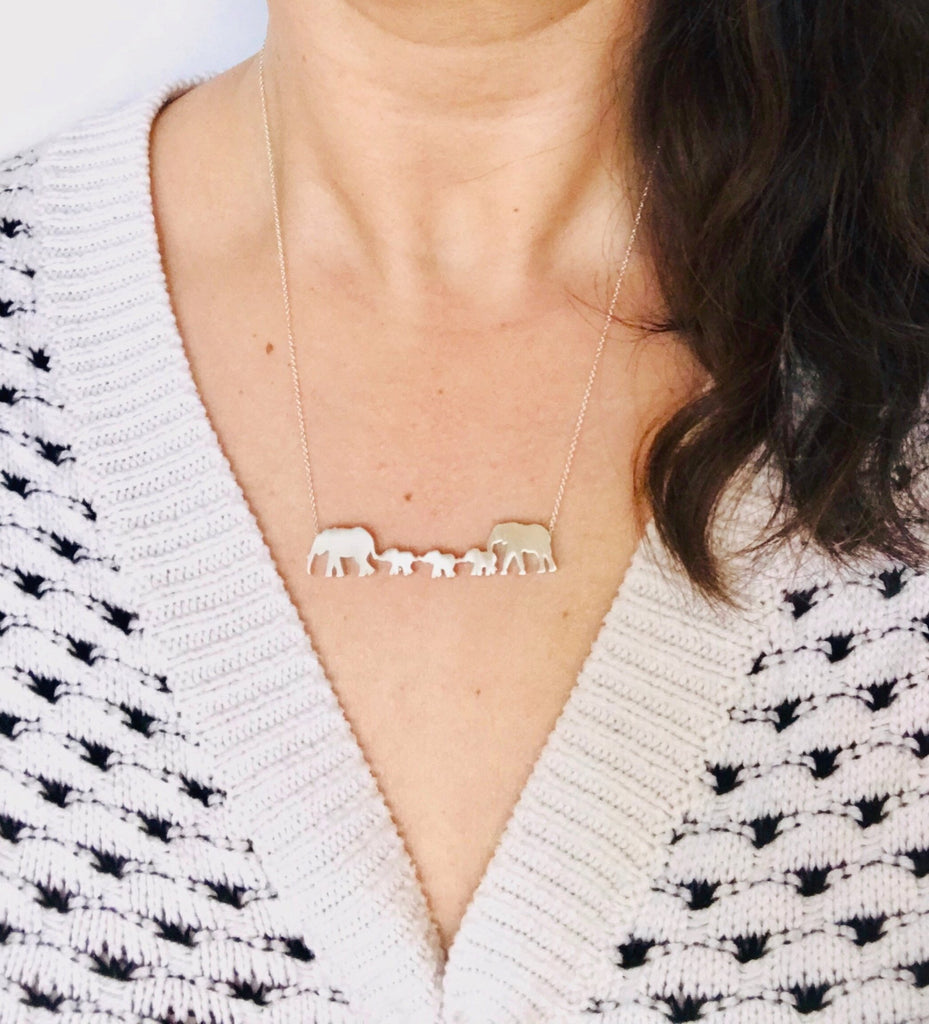 Elephant Parents and 3 Babies Silhouette Necklace